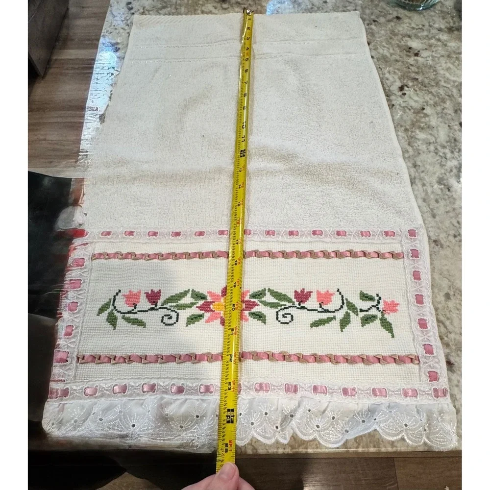 Hand Towel Embellished Cross Stitch Floral Pink Lace White Bathroom Guest Towel